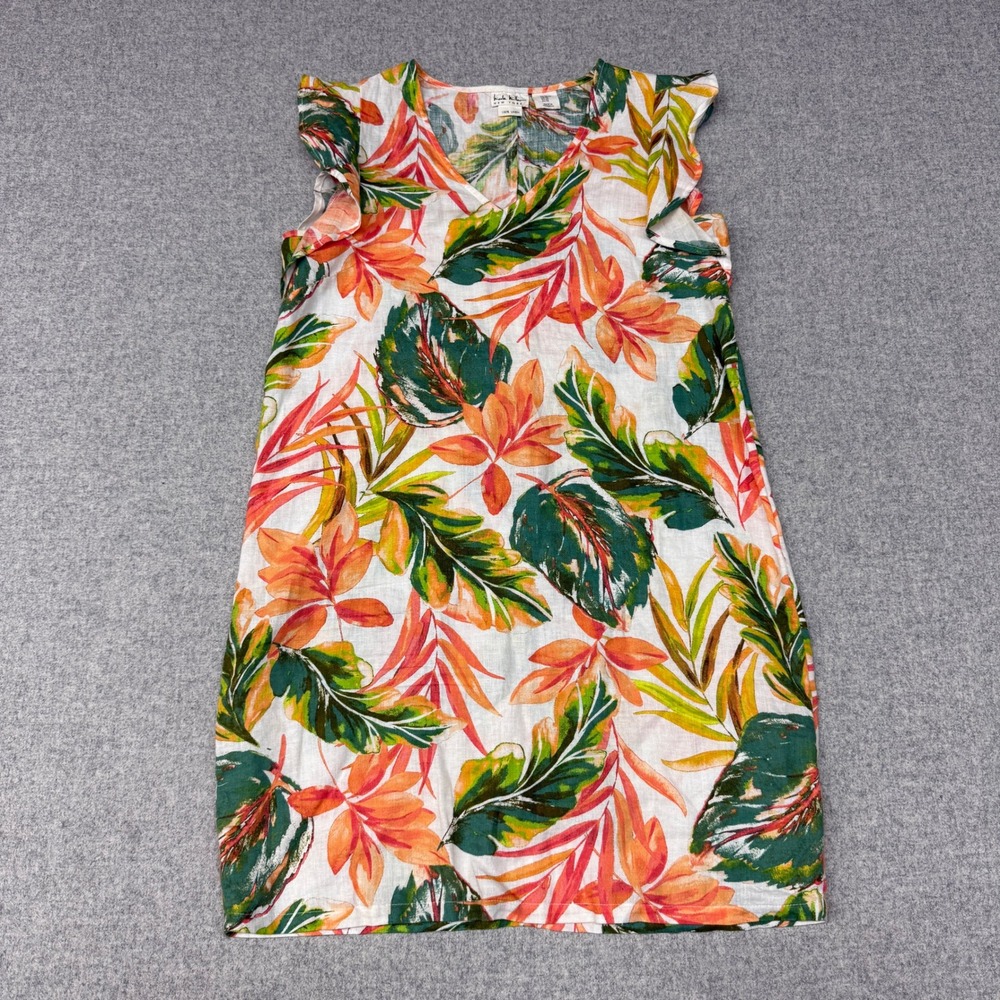 Nicole Miller New York Linen Tropical Floral Ruffle Sleeve V-Neck Dress XS Multi